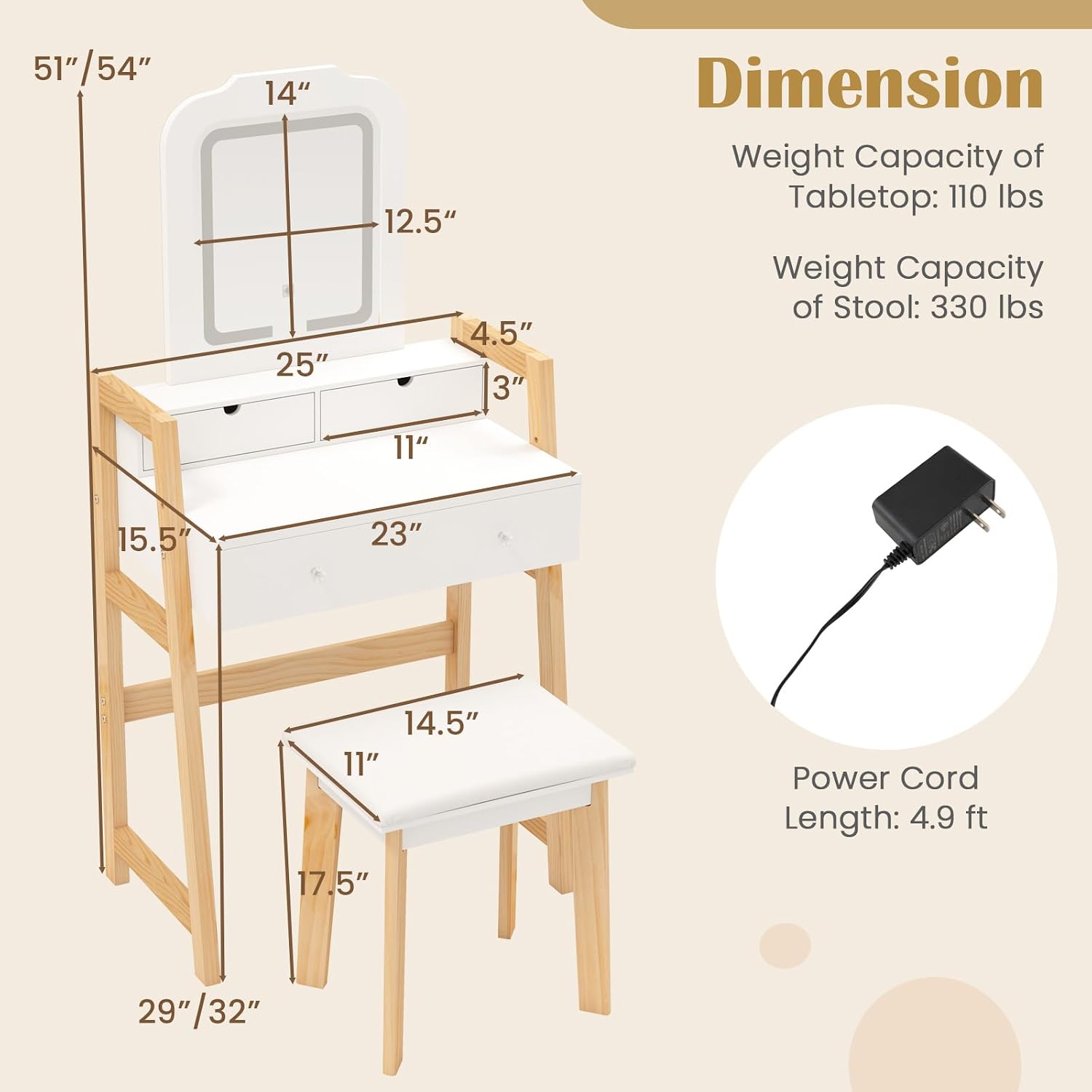 CHARMAID Small Vanity Desk with Mirror and Lights, White Makeup Vanity Desk with 3 Drawers, Adjustable Heights, 3 Color Lighting Modes, Compact Bedroom Dressing Table with Stool for Small Space
