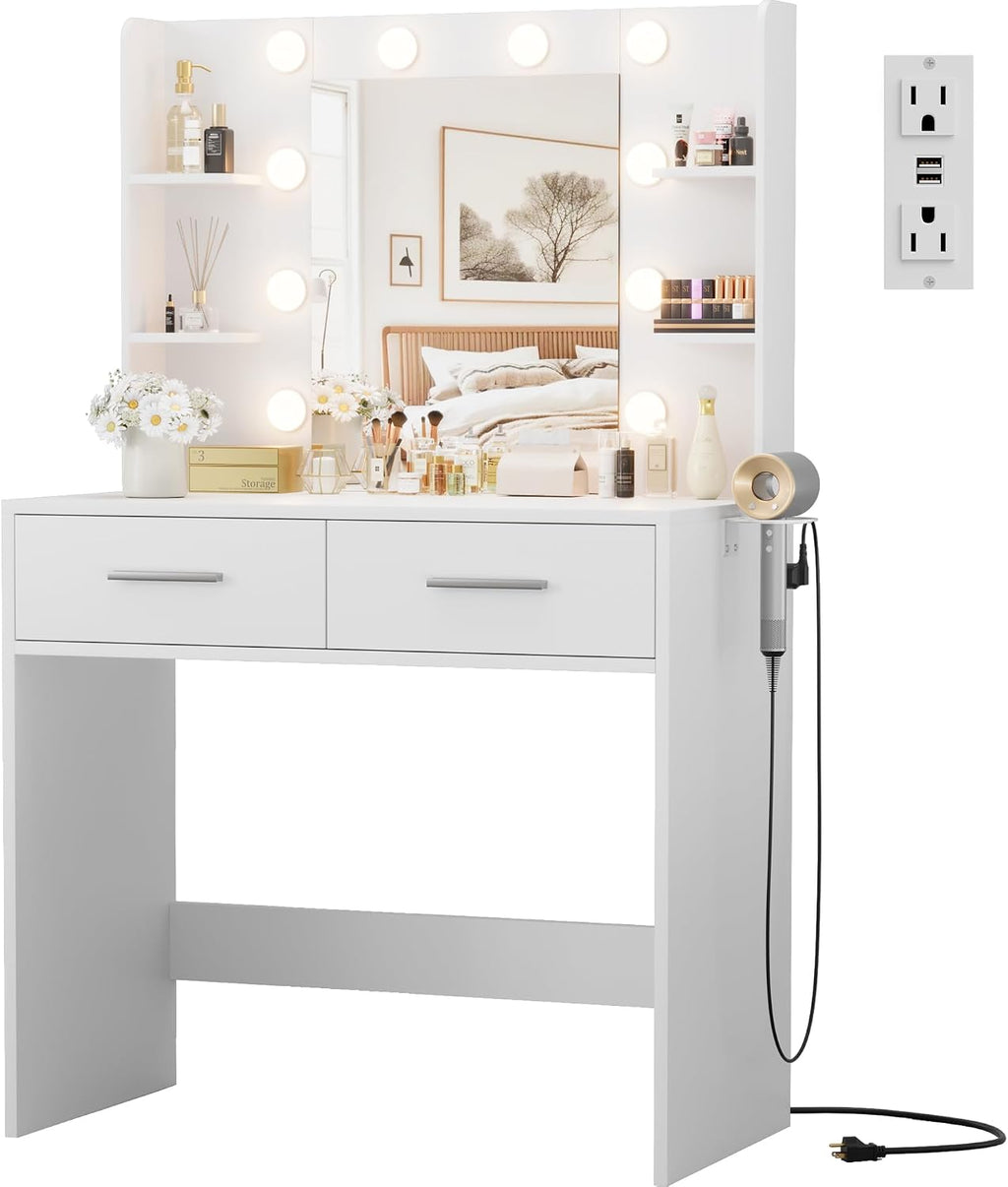 JUMMICO Makeup Vanity Desk with Mirror and Lights Power Outlet, Vanity Table Makeup Desk 2 Drawers, 6 Storage Shelves Hairdryer Holder & Bench Dressing Table for Bedroom (White, No Bench)