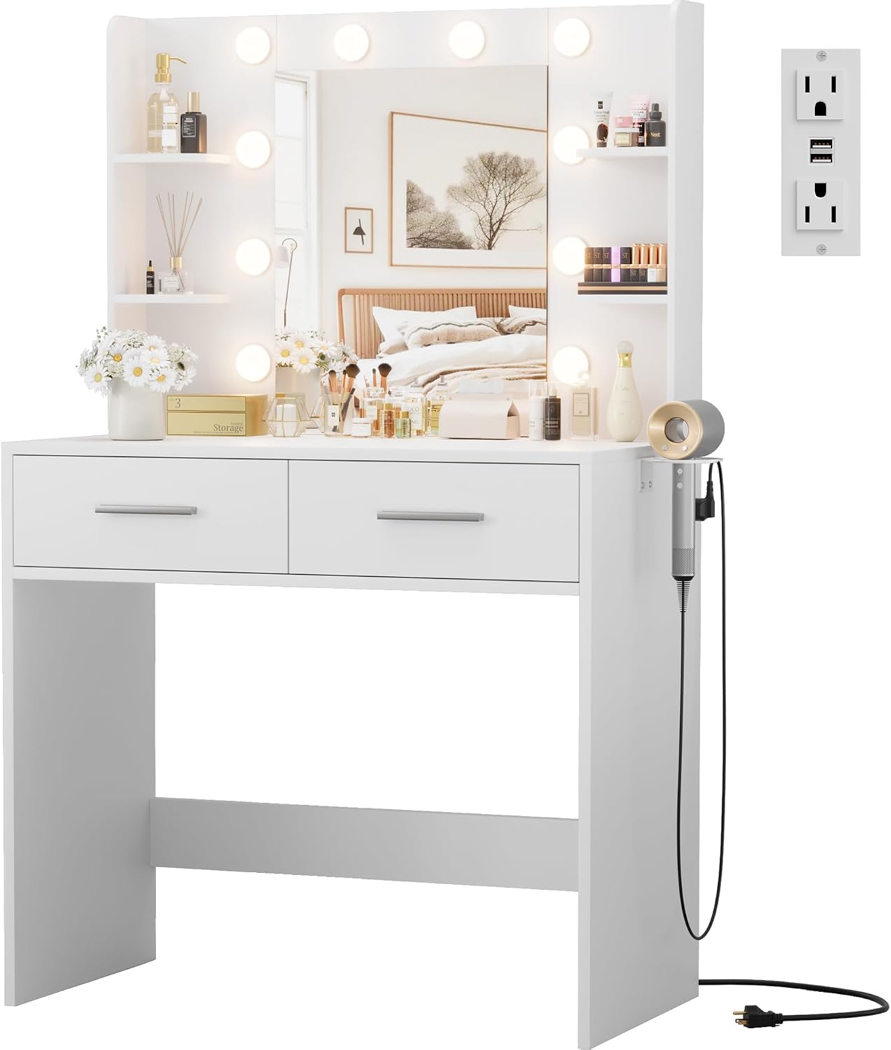 JUMMICO Makeup Vanity Desk with Mirror and Lights Power Outlet, Vanity Table Makeup Desk 2 Drawers, 6 Storage Shelves Hairdryer Holder & Bench Dressing Table for Bedroom (White, No Bench)