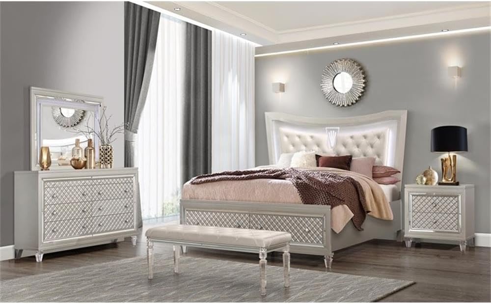Pemberly Row Modern Transitional Bedroom Bench, Beige Upholstered Tufted Seating, Acrylic Legs, Mirrored Accents, MDF Frame, Polyurethane Padding, Sturdy Construction, Stylish Bedroom Furniture