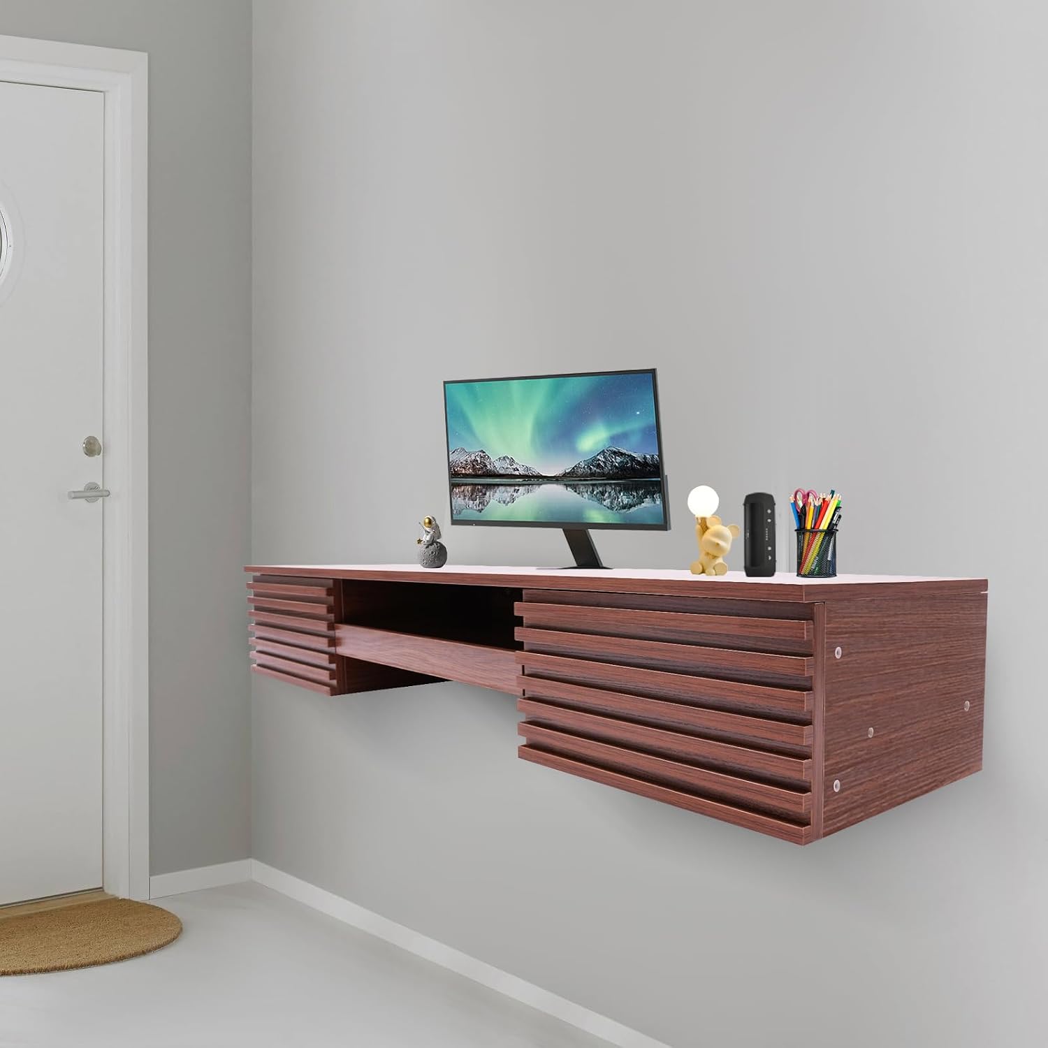 Wall Mounted Floating Desk, Brown Small Spaces Workbench Hanging Table with Pull-Out 2 Drawers, Mount Computer Laptop Desks, Wall-Mounted Corner Book Shelf for Bedroom Student Dormitories