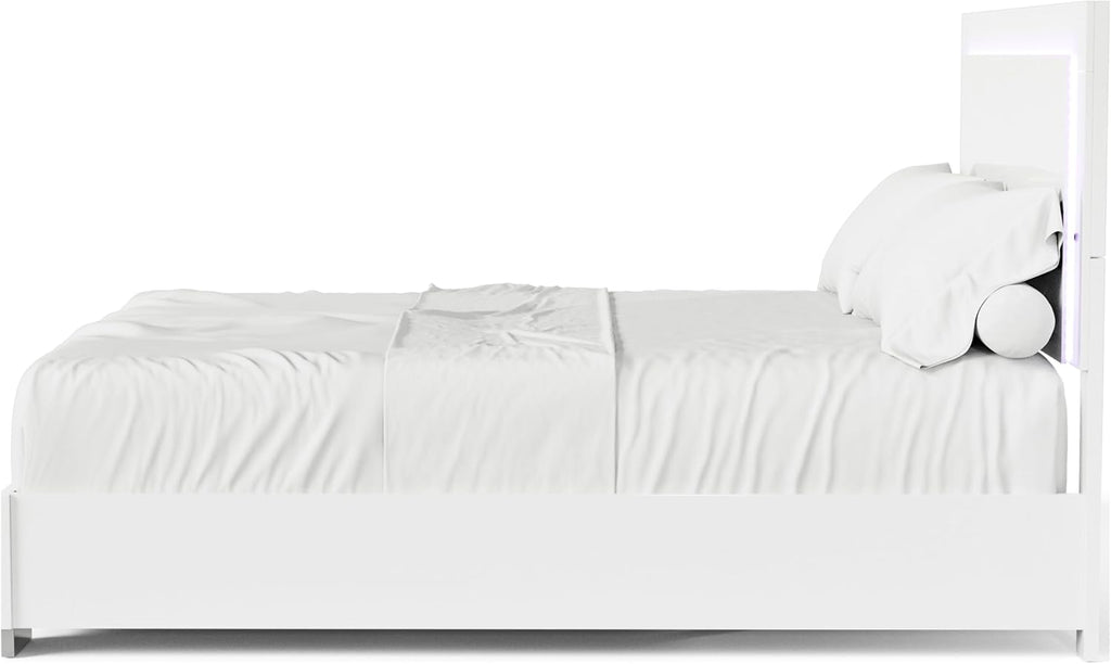 Furniture of America Alistair Modern Wood 4-Piece Bedroom Set with LED on Headboard Bed, Ball-Bearing Glides on Nightstand and Dresser with Mirror, Box Spring Required, King, White