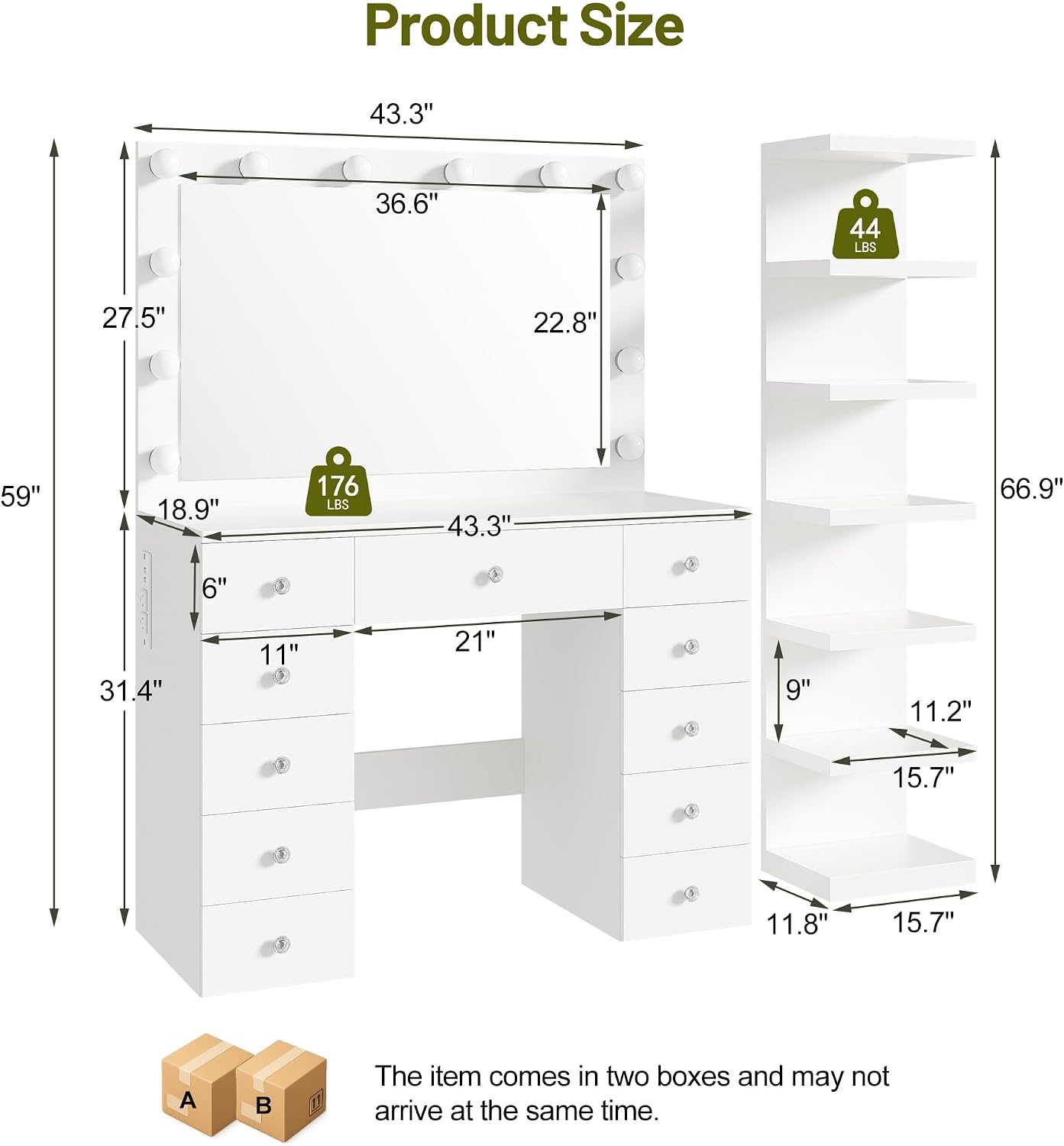 Merax 43.3' L Makeup Vanity with Mirror and Light, Extra 7-Tier Storage Shelves, White Vanity Desk Dressing Table with Power Outlet and 11 Drawers, 3 Color Light Modes for Bedroom or Dressing Room