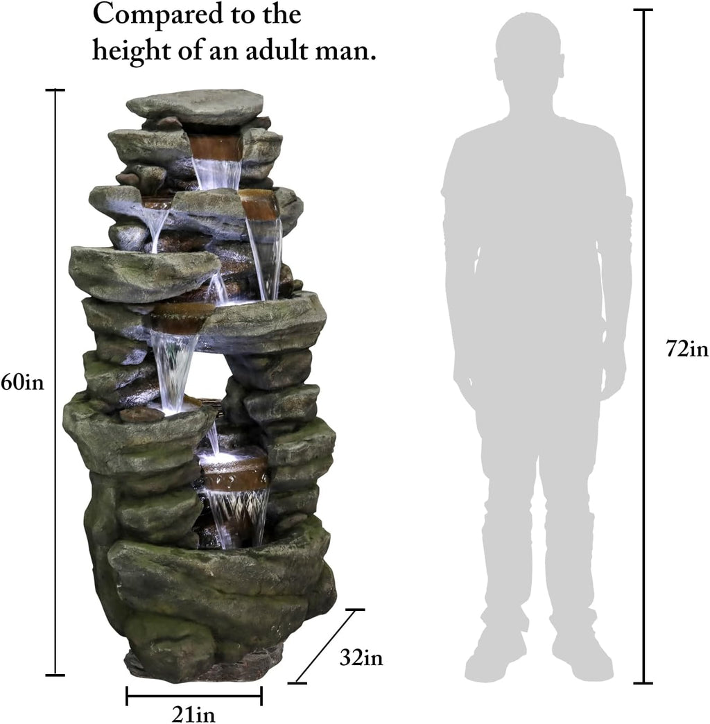SunJet 60' High 7-Tiers Cascading Rock Outdoor Water Fountain with LED Lights - Large Outdoor Fountains and Waterfalls for Garden or Patio, Yard, and Deck Decor, Featuring Natural Stone Look