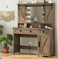 AOGLLATI Makeup Vanity with Lights & Barn Doors, Vanity Desk with Mirror and Lights & Charging Station, Farmhouse Brown Vanity Table with Jewelry Hooks and Open Storage Shelves