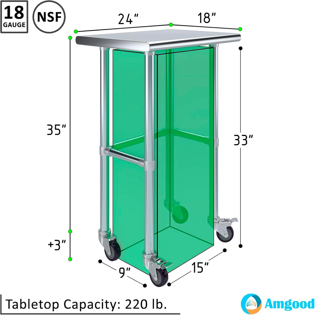 AmGood Stainless Steel Work Table Open Base & Wheels | Work Station | Metal Work Bench (Stainless Steel Work Table Open Base + Casters, 24' Long x 18' Deep)