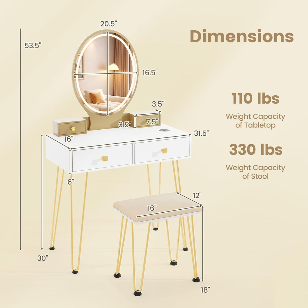 CHARMAID Vanity Desk with Mirror and Lights, White Makeup Vanity Table with 4 Drawers, Charging Station, 3-Color Lighted Mirror, Modern Girls Dressing Table with Stool for Small Bedroom