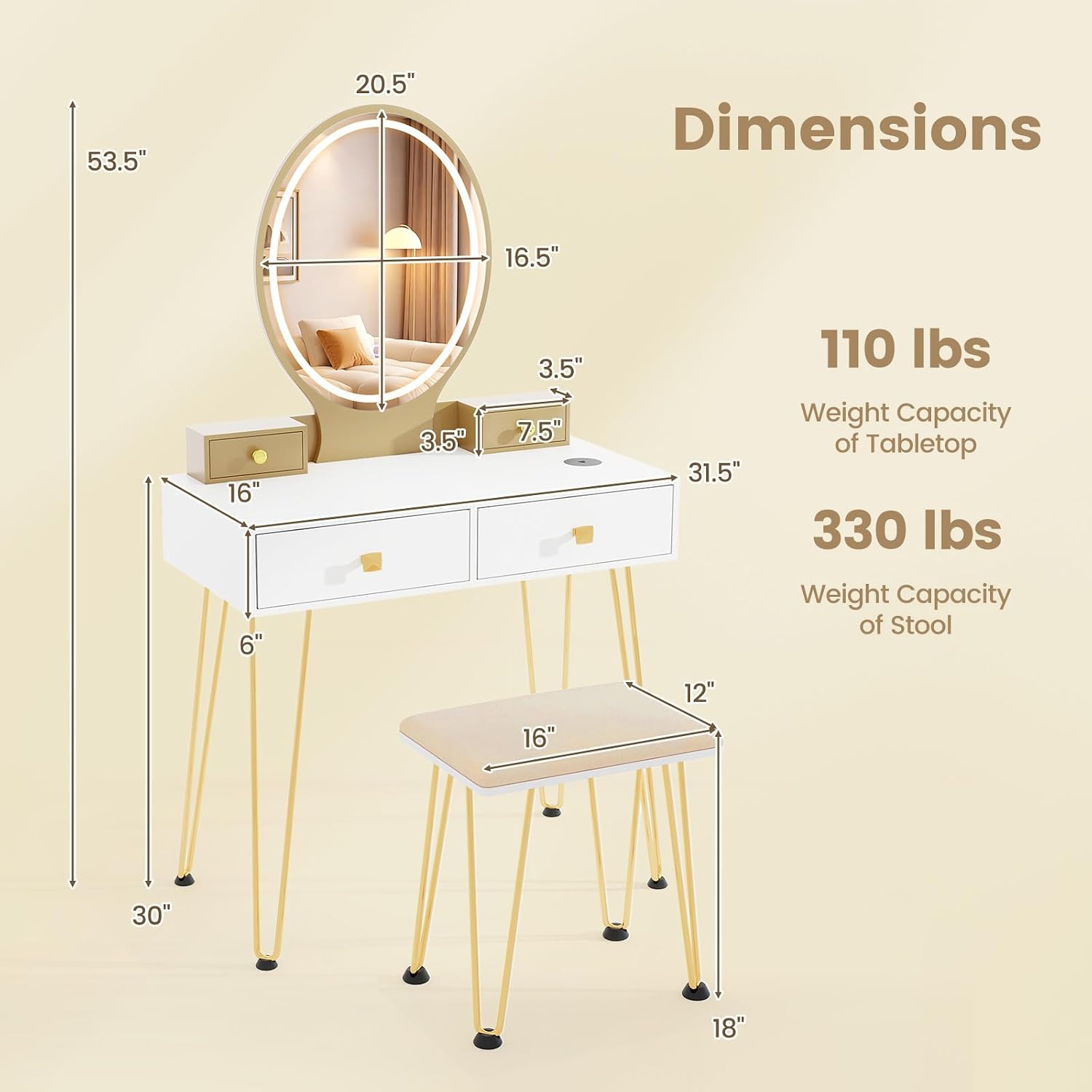 CHARMAID Vanity Desk with Mirror and Lights, White Makeup Vanity Table with 4 Drawers, Charging Station, 3-Color Lighted Mirror, Modern Girls Dressing Table with Stool for Small Bedroom