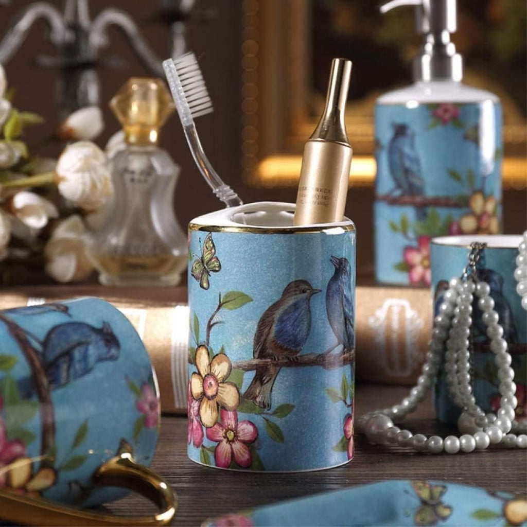 Vanity Bathroom Decor, Bathroom Accessory Sets Dream Blue Bathroom Five-Piece European Ceramic Mouth Cup Bathroom Toothbrush Cup Housewarming Gift