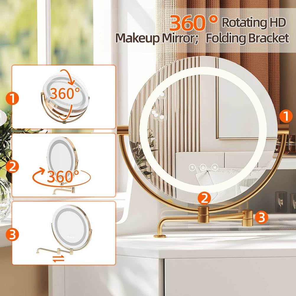 Corner Makeup Vanity Desk with Mirror and Lights, LED 3-Color Adjustable, Large Drawers & Side Cabinet, Cushioned Stool, Modern Dressing Table for Bedroom Small Spaces,White