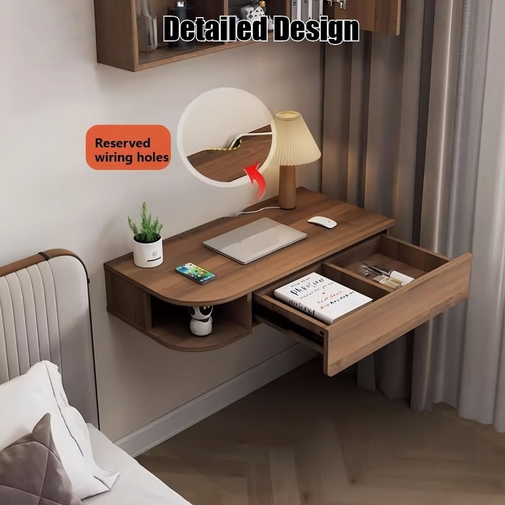 Wall-Mounted Desk with Storage Drawers Hanging Corner Vanity Table Wooden Computer Table Adjustable Bookshelf for Home Offices Space Saver(Gray Right,80 cm)