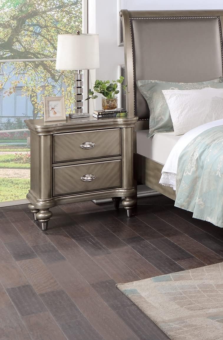 Luxury Majestic Grey Finish 3pc California King Size Bed Set 2X Nightstands Sleigh Bed Formal Styled Bedroom Furniture Upholstered Headboard Unique Footboard