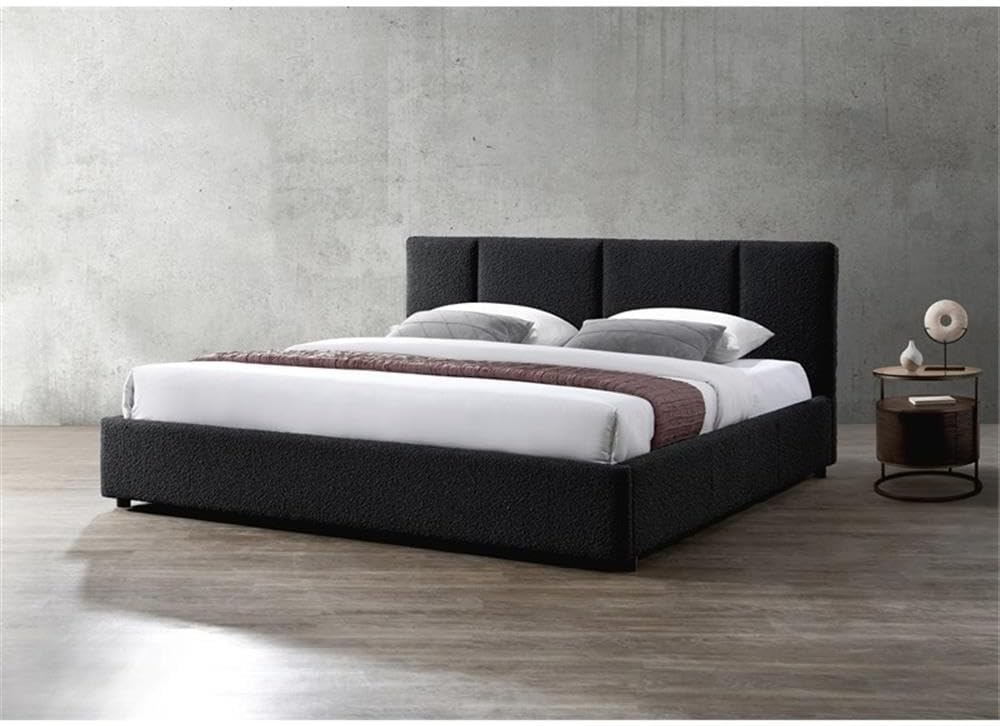 Venice Upholstered Platform Bed | Box Spring Not Required | (Black Boucle, King Bed Frame)
