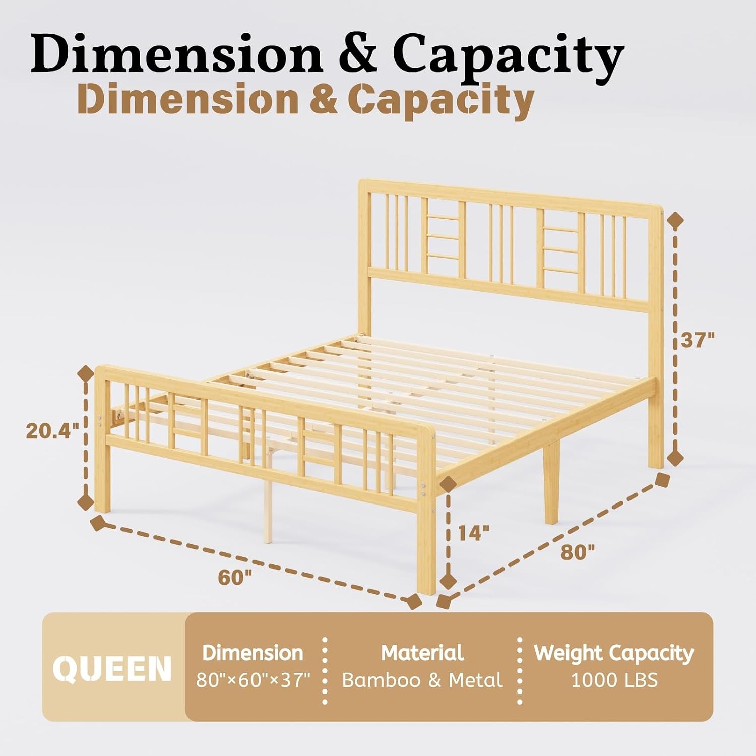 14 Inch Bamboo Wood Queen Size Platform Bed Frame with Headboard and Footboard, Metal Slat Support Bed Frame Queen Size Heavy Duty, No Box Spring Needed, Easy Assembly, Noise Free, Reinforced