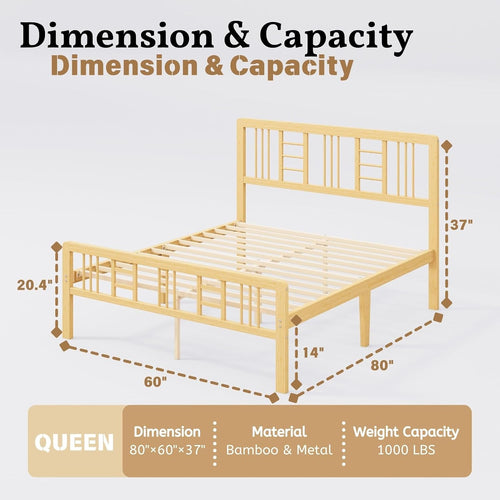 14 Inch Bamboo Wood Queen Size Platform Bed Frame with Headboard and Footboard, Metal Slat Support Bed Frame Queen Size Heavy Duty, No Box Spring Needed, Easy Assembly, Noise Free, Reinforced