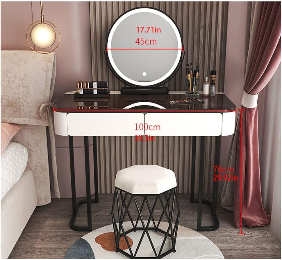 Vanity Benches Dresser Set Bedroom Modern Dresser Simple Small Apartment Dresser with LED Round Mirror, Stool, Two Drawers (Color : A)