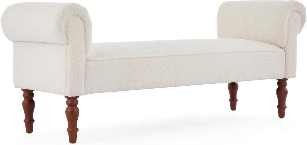 Merax 59' Upholstered Teddy Bench with Rolled Arms, End of Bed Bench with Cushion & Solid Wood Legs for Bedroom, Living Room, Entryway, White