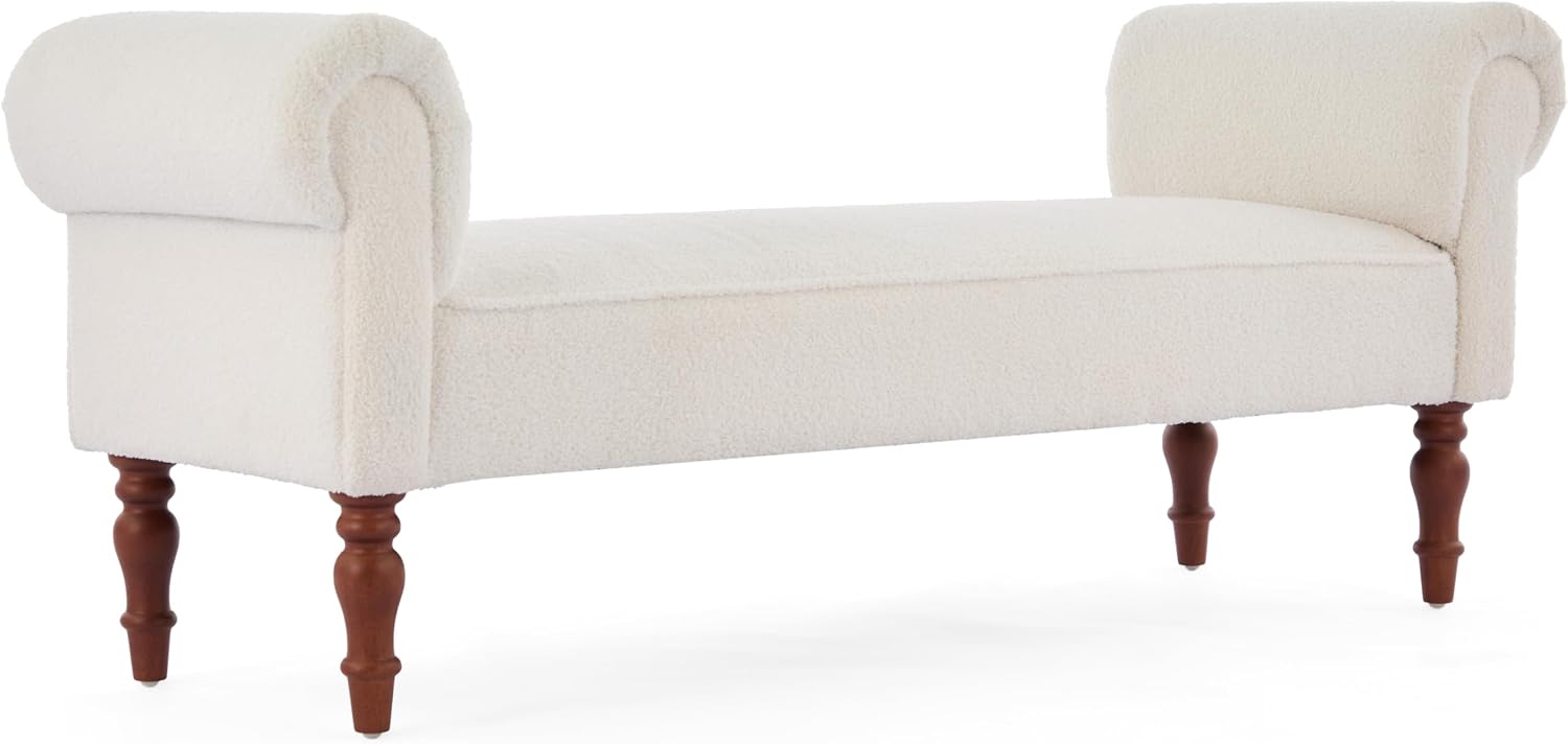 Merax 59' Upholstered Teddy Bench with Rolled Arms, End of Bed Bench with Cushion & Solid Wood Legs for Bedroom, Living Room, Entryway, White