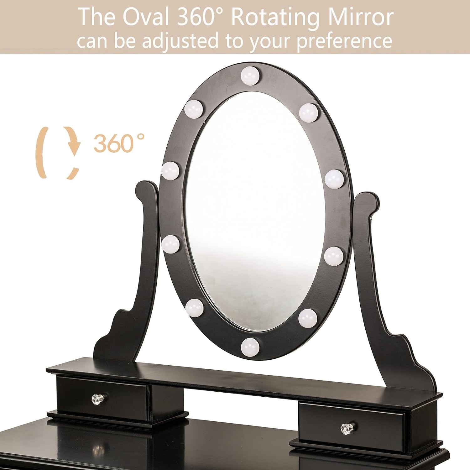 Vanity Desk, Vanity Mirror with Lights and Table Set with 5 Drawers, Wood Makeup Dressing Table with Oval Mirror & Stool for Bedroom Women Girls，Black