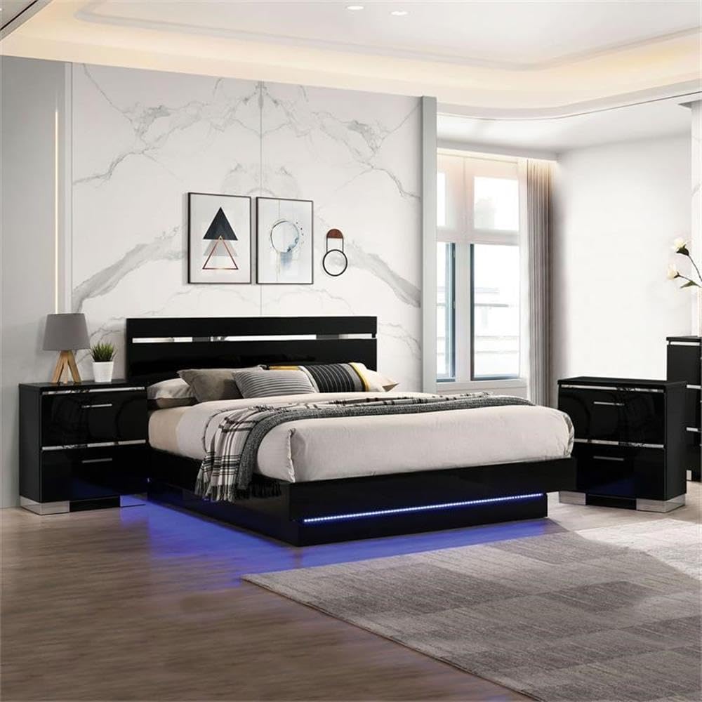 Furniture of America Malva 3pc Black Wood Bedroom Set-Cal King + 2 Nightstands