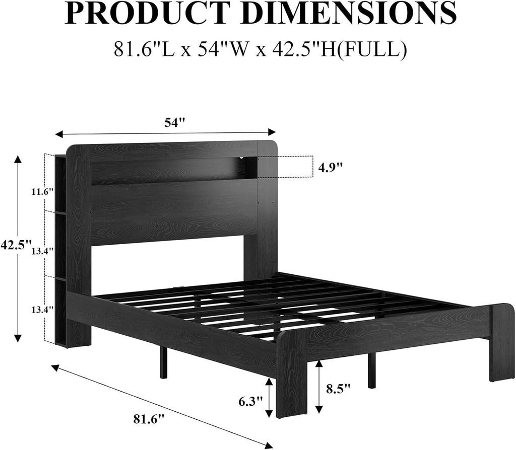 Wooden Bed Frame Full Size with Storage Headboard - Farmhouse Platform Bed Frame with Bookcase Shelf & Led Lights, Sturdy Wood Slat Framework Bed Frame (Black LED)