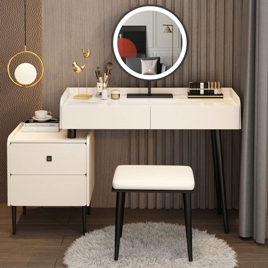 Vanity Benches Dresser Bedroom Modern Minimalist Makeup Table All-in-one Storage Cabinet with LED Round Mirror and Stool (Color : A)