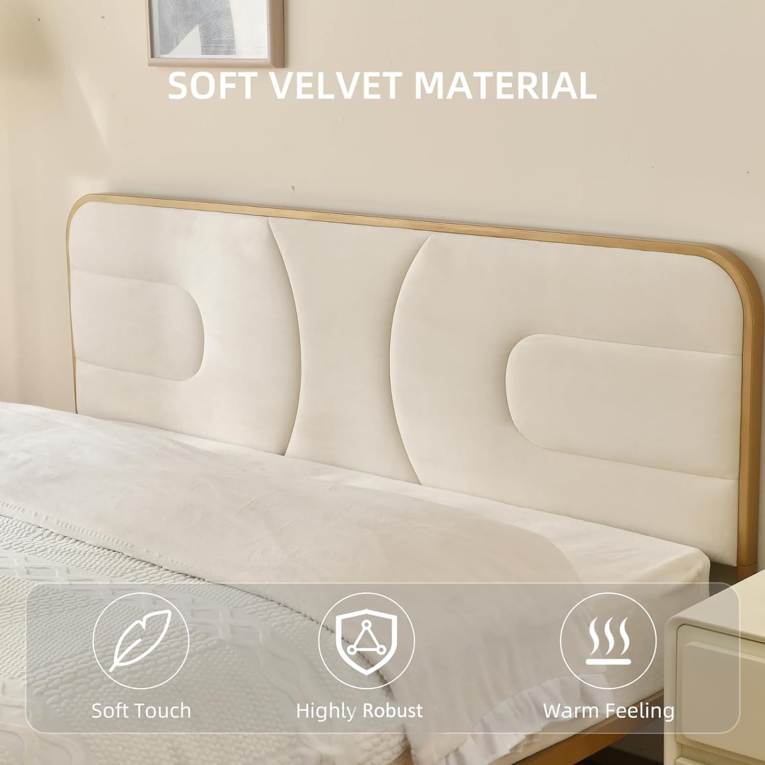 VELOCAVA Rounded Metal Upholstered Bed King with Unique Headboard, Soft Velvet Platform Bed Storage Supported by Metal Base and Wooden Slats, No Box Spring Needed,Gold & Cream