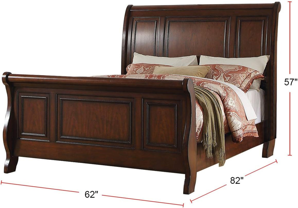 Pine Wood Queen Sleigh Bed, Cherry Brown
