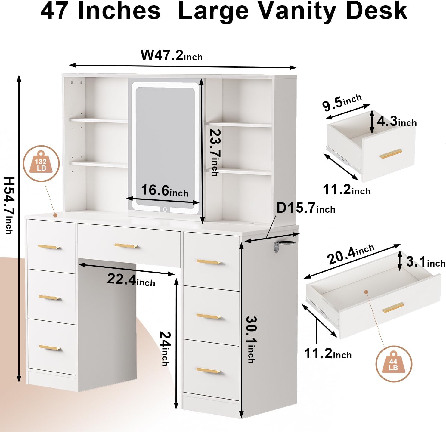 knoworld 47'' Large Vanity Desk with Mirror and Lights, 7 Drawers, 8 Storage Shelves Vanity Table, Big Makeup Vanity Desk with 3 LED Lighting Modes, Vanity Dresser with Outlet, Sliding Mirror (White)
