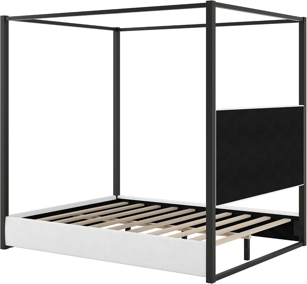 LUMISOL Queen Size Upholstered Canopy Bed, Black 4 Poster Bed with Tall Headboard, Velvet Upholstered Canopy Platform Bed with Wood Slats Support, No Box Spring Needed, Black + White