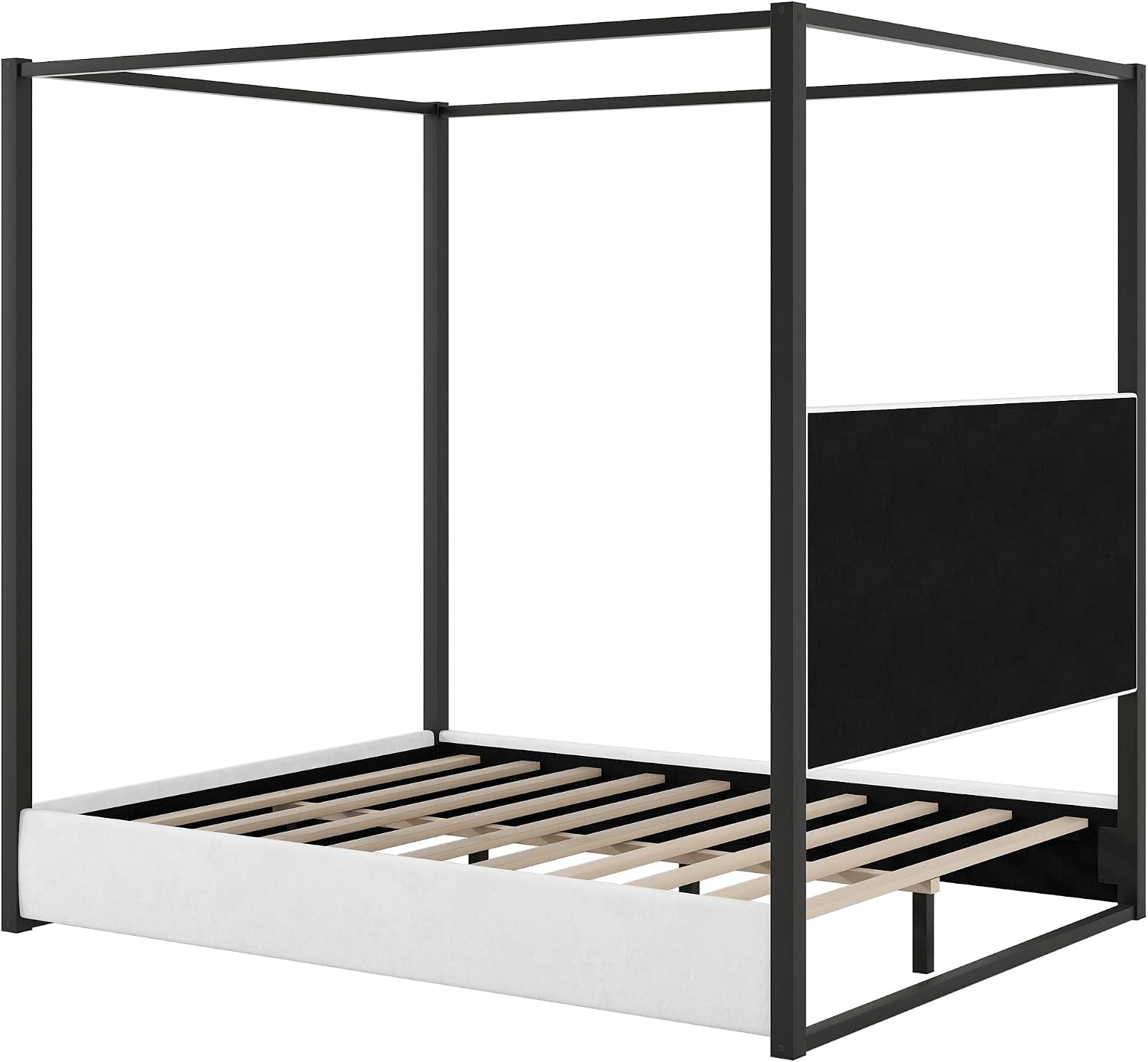 LUMISOL Queen Size Upholstered Canopy Bed, Black 4 Poster Bed with Tall Headboard, Velvet Upholstered Canopy Platform Bed with Wood Slats Support, No Box Spring Needed, Black + White