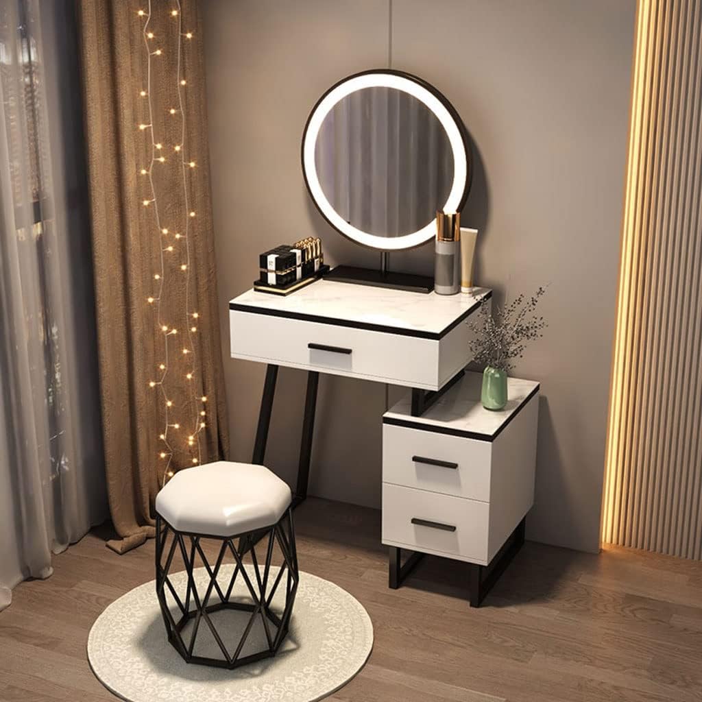 Vanity Benches Vanity Desk Set Glass Top Dresser Bedroom Ladies Fashion Dresser with Side Cabinet, Mirror, Vanity Stool (Color : A)