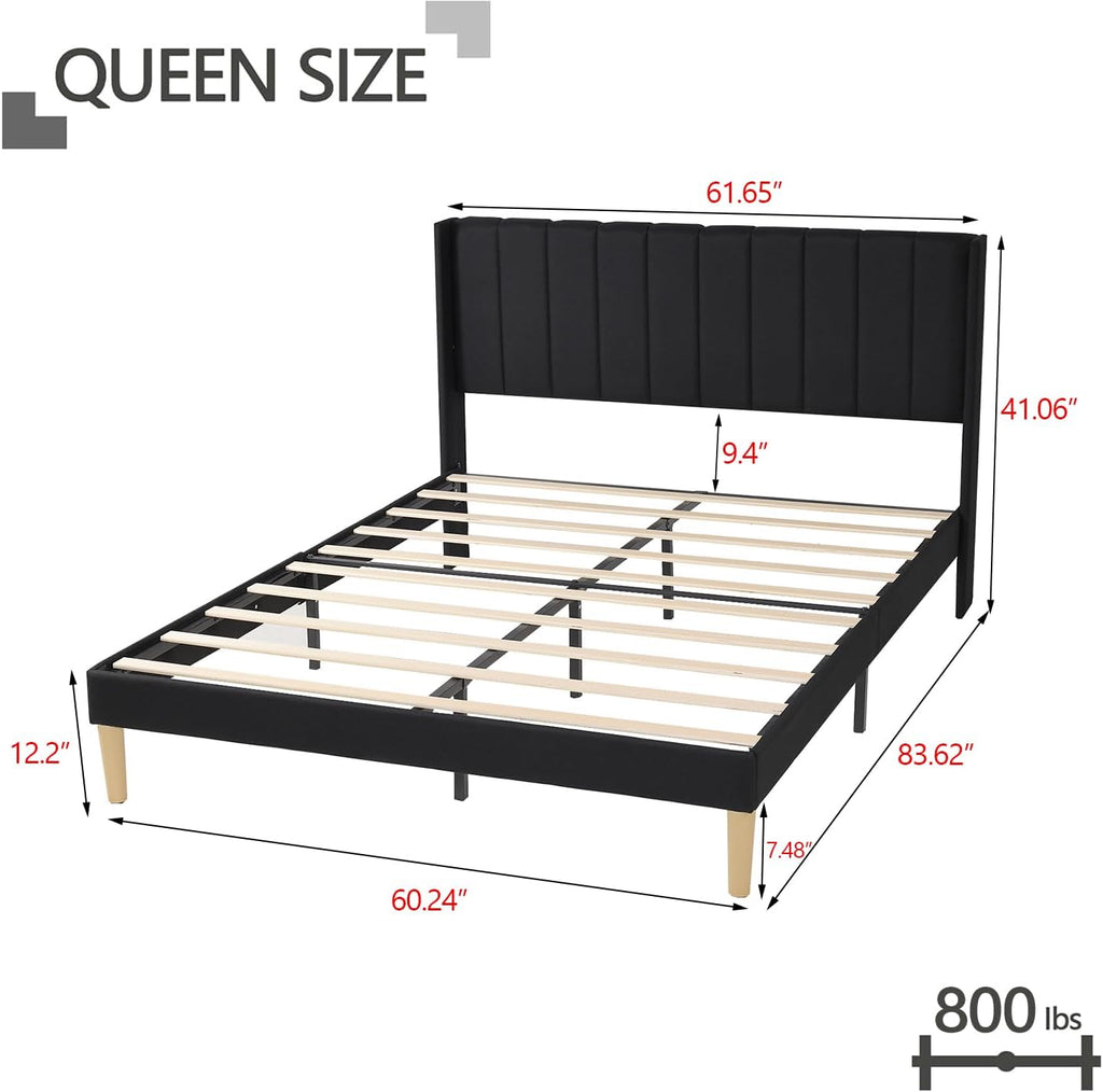 Queen Size Bed Frame with Headboard, Modern Upholstered Linen Platform Bed, Heavy Duty Wooden Slats Support, No Box Spring Needed, Noise-Free & Easy Assembly, Black