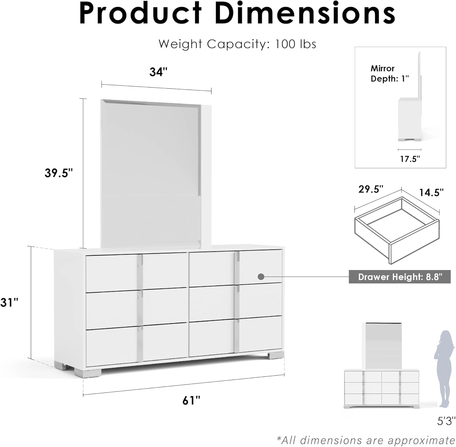 Furniture of America Alistair Modern Wood 4-Piece Bedroom Set with LED on Headboard Bed, Ball-Bearing Glides on Nightstand and Dresser with Mirror, Box Spring Required, King, White