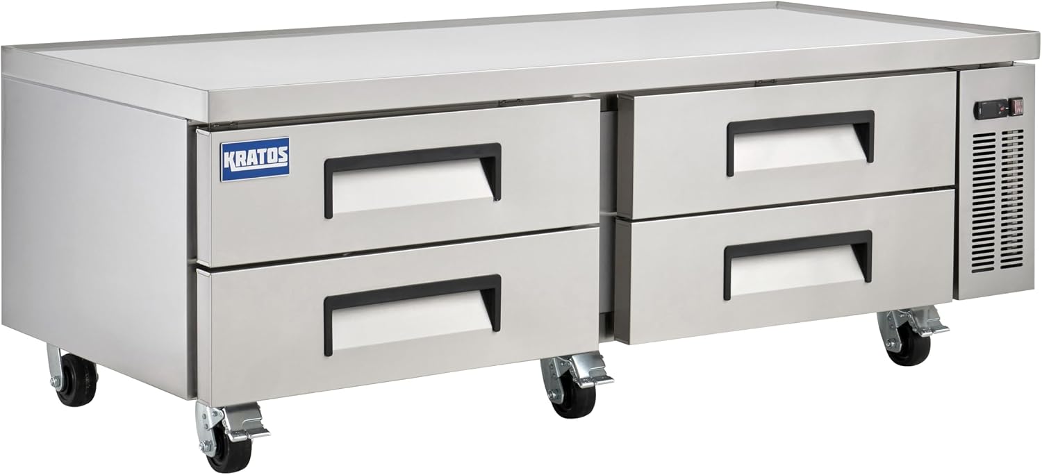 Kratos Commercial Refrigerator, 72' Wide Four Drawer Chef's Base, Refrigerated Mobile Equipment Stand for Restaurants, Stainless Steel, 115V, Large 16 Cubic Ft. Capacity (67K-317)