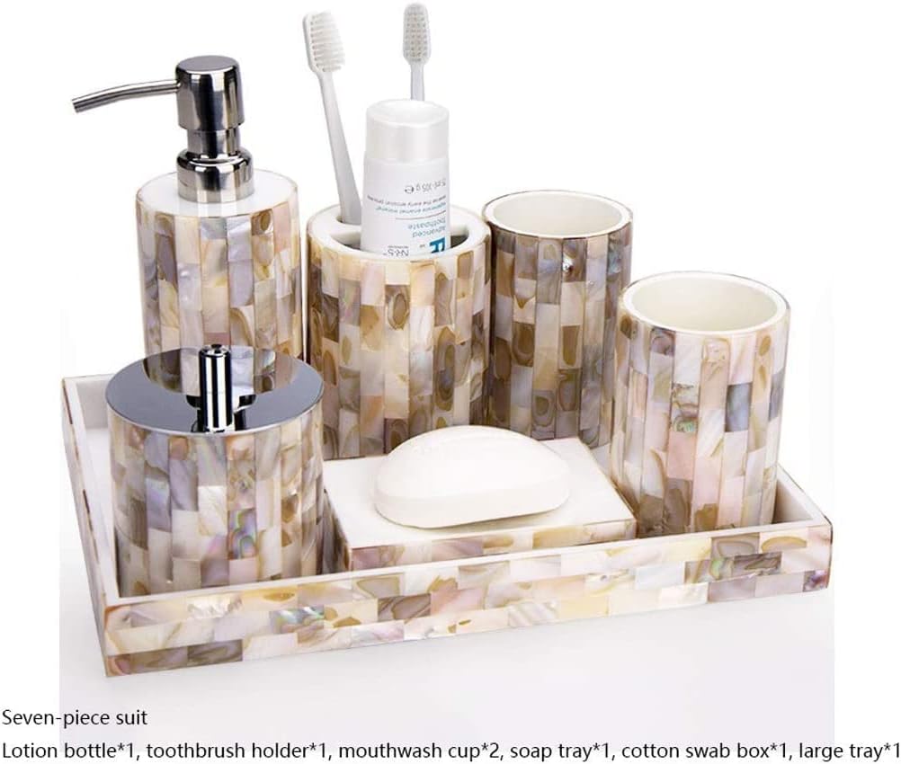 Vanity Bathroom Decor, European Bathroom Accessories Set Shell Resin Bath Supplies Soap Dispenser Toothbrush Cup Holder Housewarming Gift(7pcs)