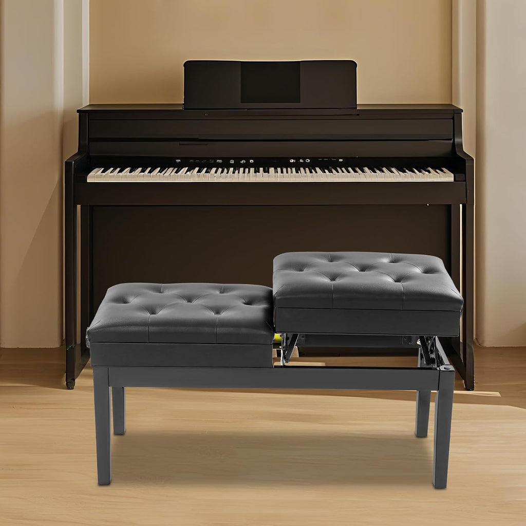 Adjustable Duet Piano Bench with Storage, Wood Keyboard Stool with PU Leather Padded Cushion, Double Seater Piano Chair with High-Density Sponge for Piano, Vanity, Living Room (Black)