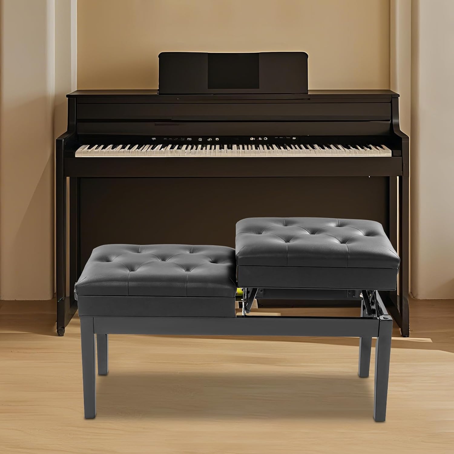 Adjustable Duet Piano Bench with Storage, Wood Keyboard Stool with PU Leather Padded Cushion, Double Seater Piano Chair with High-Density Sponge for Piano, Vanity, Living Room (Black)