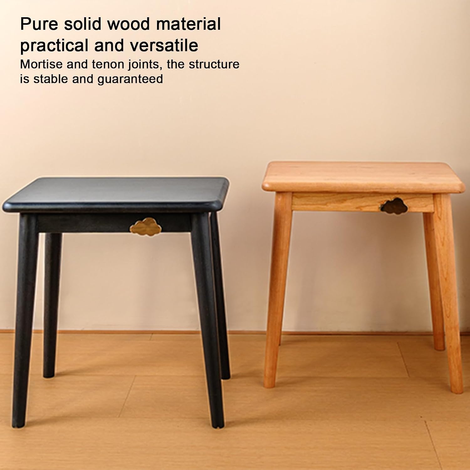 Solid Wood Vanity Chair with Rounded Corners and Large Tabletop Multifunctional Stool with Cloud Decoration Mortise and Tenon Structure,Beige,One Size