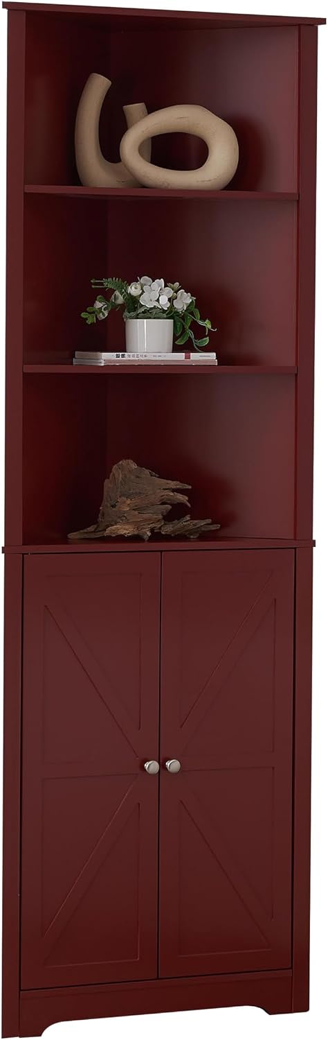 Kings Brand Furniture Tall Wooden Corner Cabinet with 2 Doors and 5 Shelves Storage Shelf Organizer, Home Space Saver, Bathroom, Kitchen, Living Room, Red