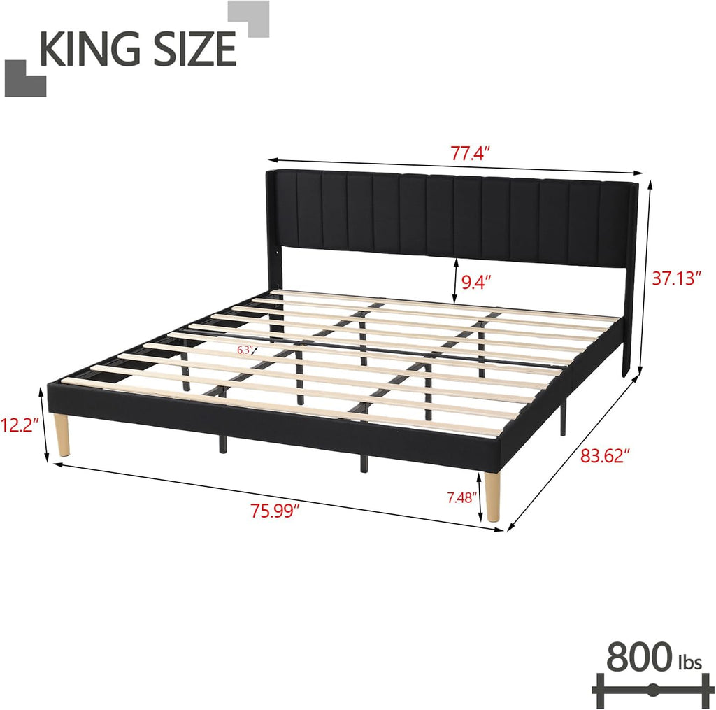 King Size Bed Frame with Headboard, Modern Upholstered Linen Platform Bed, Heavy Duty Wooden Slats Support, No Box Spring Needed, Noise-Free & Easy Assembly, Black