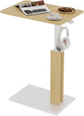 ETHU Overbed Table with Pneumatic Lift, 26.4-39.8 Inch Height Adjustable Bed Table with Magnetic Hook, Ultra-Thin Base Mobile Desk for Hospital, Home Office and Sofa Use, 44 LBS Capacity, Oak