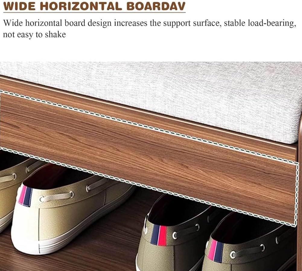 Solid Wood Shoe Bench, Open Shoe Storage Rack with Soft Seat Cushion and Round Corners Ample Seating Space Wide Horizontal Board for Stable Load-Bearing Walnut Colour 60cm