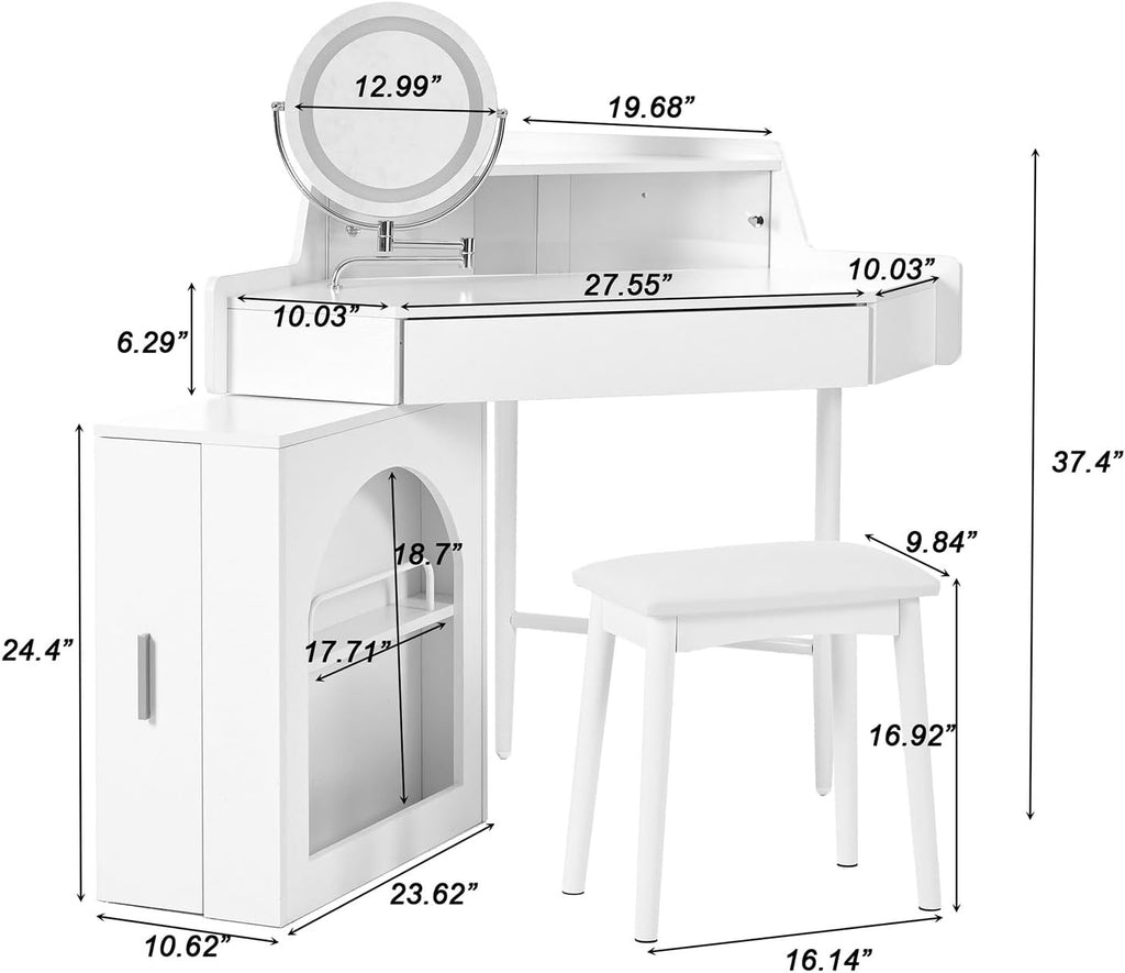 Corner Vanity Desk, Modern Vanity Set with Mirror and Stool, Bedroom Dresser LED Mirror Stepless Dimmable for Small Place, Brightness Adjustable Folding Mirror, White