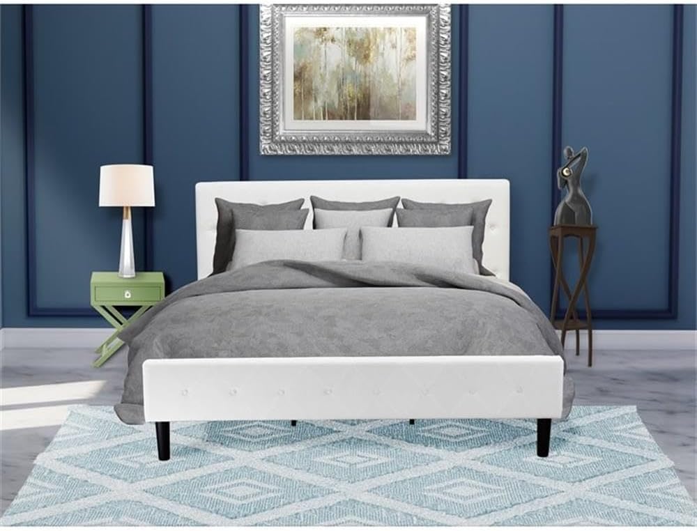 East West Furniture NL19K-1HA12 2 Piece Bedroom Set - King Size Button Tufted Bed - Linen white Velvet Fabric Upholstered Headboard and a Clover Green Finish Nightstand