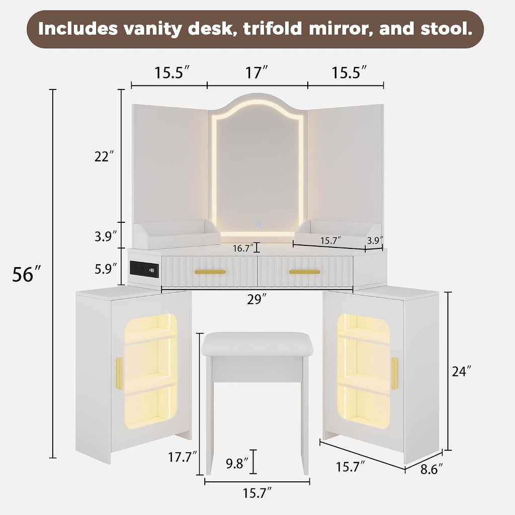 Corner Vanity Desk with 3 Way Mirror and Lights, 54' Modern Makeup Table Set with 2 Drawers & 2 Storage Cabinets, Charging Station, Stool, Large Bedroom Hexagonal Dressing Table (Matte White)