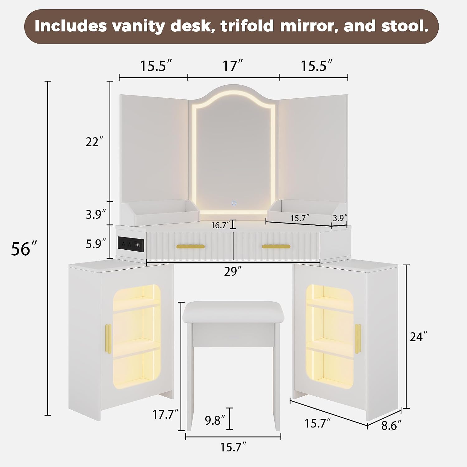 Corner Vanity Desk with 3 Way Mirror and Lights, 54' Modern Makeup Table Set with 2 Drawers & 2 Storage Cabinets, Charging Station, Stool, Large Bedroom Hexagonal Dressing Table (Matte White)