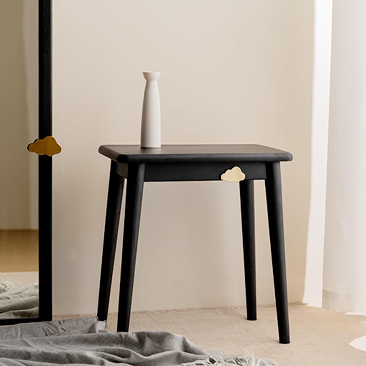 Solid Wood Vanity Chair with Rounded Corners and Large Tabletop Multifunctional Stool with Cloud Decoration Mortise and Tenon Structure,Beige,One Size