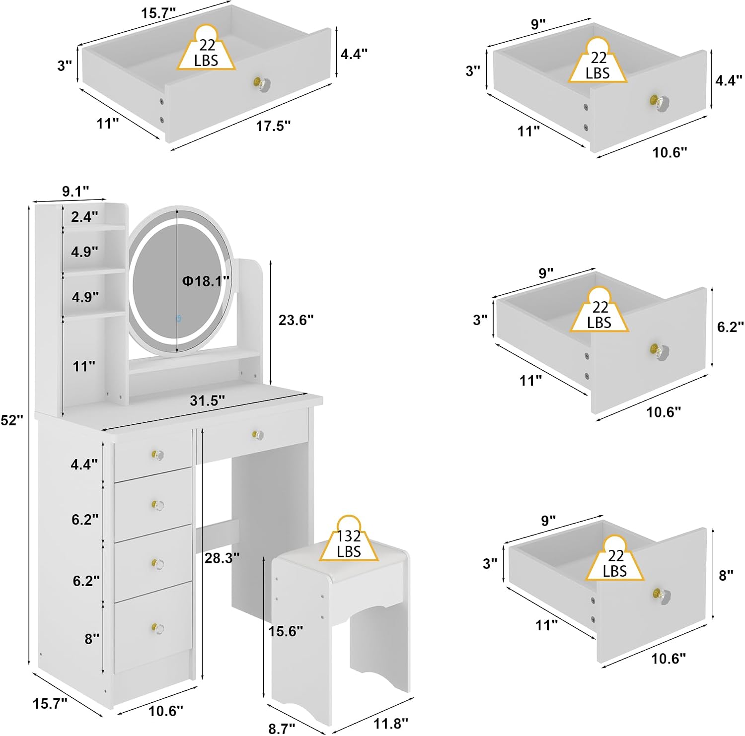 FUFU&GAGA White Vanity Set with Round Lighted Mirror, Makeup Vanity Dressing Table with 5 Drawers, Shelves, Dresser Desk and Cushioned Stool