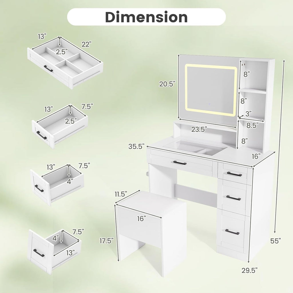 CHARMAID Vanity Desk with Mirror and Lights, Glass Top Makeup Vanity Table with Charging Station, Drawers & Shelves, Storage Stool, 3-Color Lighted Mirror, Modern White Dressing Table for Bedroom